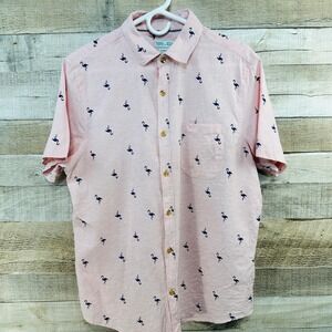 Tenth + Ocean Mens Washable Linen Flamingo Print Short Sleeve‎ Button Up Shirt M